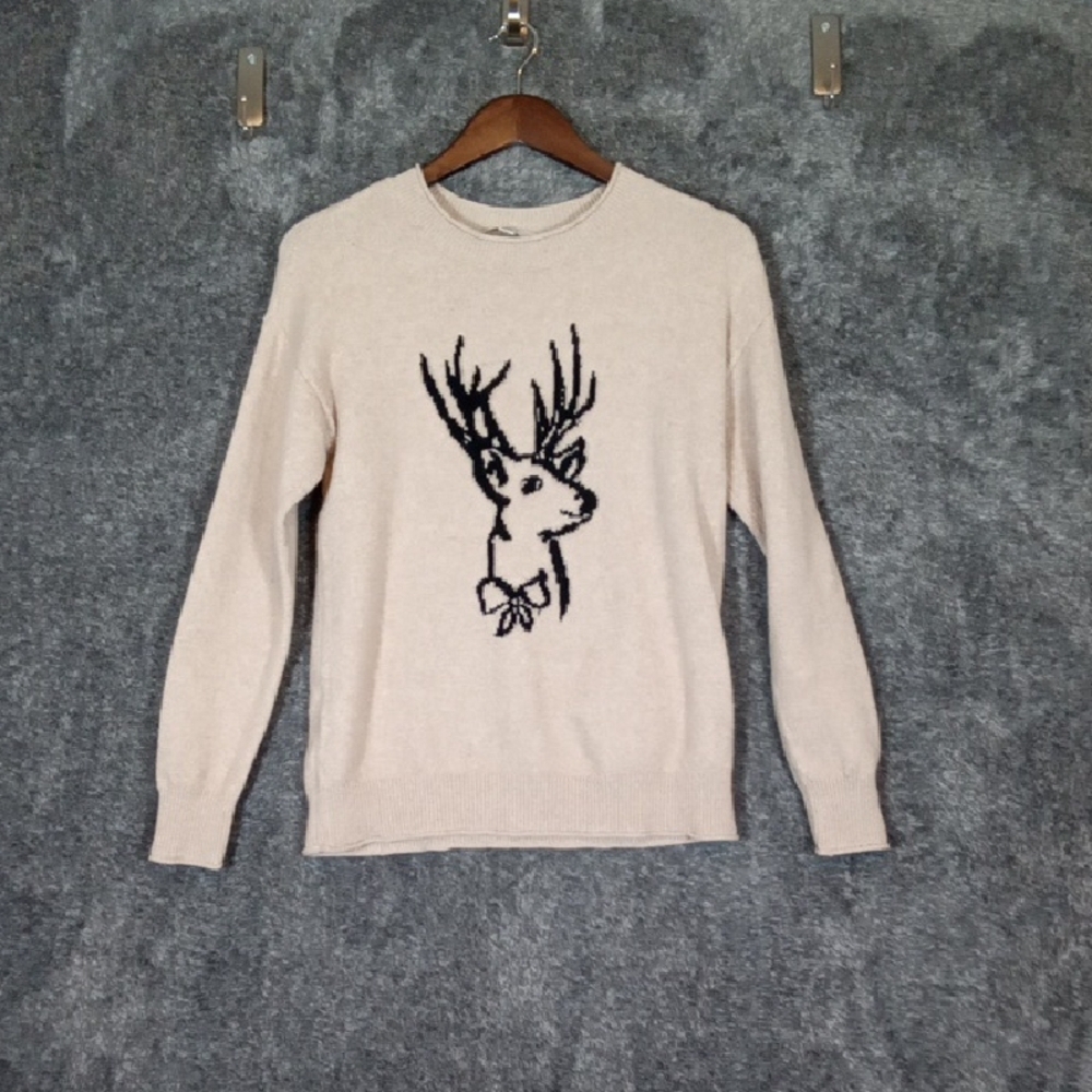 LOFT Deer With Bow Design Oatmeal Color Long Sleeve Cotton Blend Sz Small